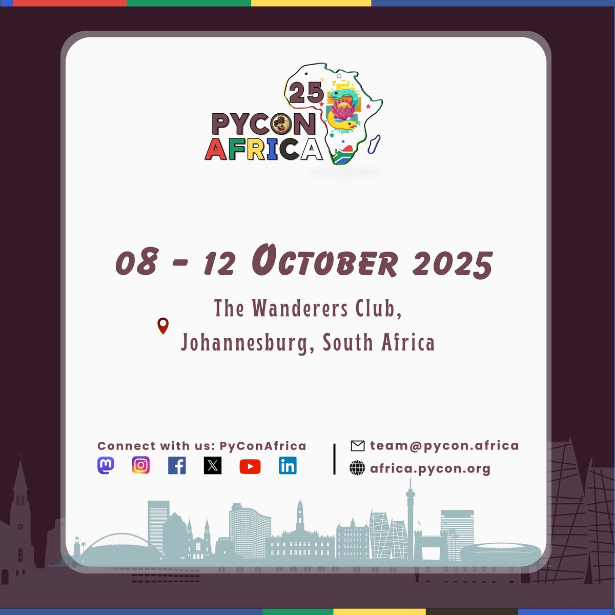 🚀 The annual gathering of the African Python community is back!
Join us for PyCon Africa 2025 – 5 days of code, collaboration &amp; community in Johannesburg! 🇿🇦🐍
📅 08–12 October 2025
📍 The Wanderers Club, Johannesburg, South Africa

Expect talks, workshops, sprints, and