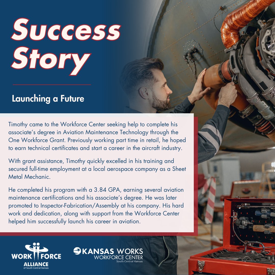 workforcecenter's tweet photo. The Workforce Center connects job seekers to resources such as funding to help gain training in high-demand industries.

Read how Timothy launched his future in aviation.

Learn more at https://t.co/5EABzxhPkk.

@KansasWorkforce #SuccessStory https://t.co/9MXh1os4oK