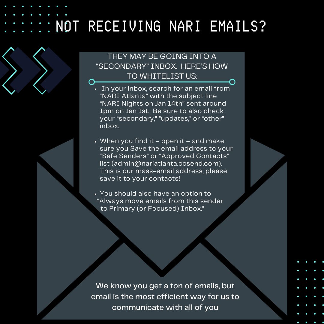 NARIAtlanta's tweet photo. Not Receiving NARI Emails?  Here's how to whitelist us!  Email is the most efficient way for us to get information to you. https://t.co/V5q6IOEKBW