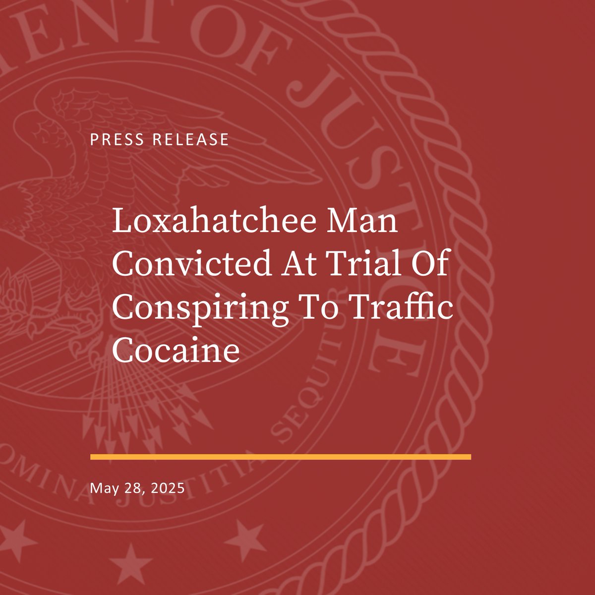 USAO Middle Florida (@usao_mdfl) on Twitter photo Loxahatchee man convicted at trial of conspiring to traffic cocaine. #OCDETF <a href="/DEAMIAMIDiv/">DEAMiami</a> <a href="/USPIS_CentralFL/">USPIS - Central Florida</a> <a href="/ManateeSheriff/">Manatee Sheriff</a> <a href="/PBCountySheriff/">PBSO</a>
justice.gov/usao-mdfl/pr/l… Loxahatchee man convicted at trial of conspiring to traffic cocaine. #OCDETF <a href="/DEAMIAMIDiv/">DEAMiami</a> <a href="/USPIS_CentralFL/">USPIS - Central Florida</a> <a href="/ManateeSheriff/">Manatee Sheriff</a> <a href="/PBCountySheriff/">PBSO</a>
justice.gov/usao-mdfl/pr/l…