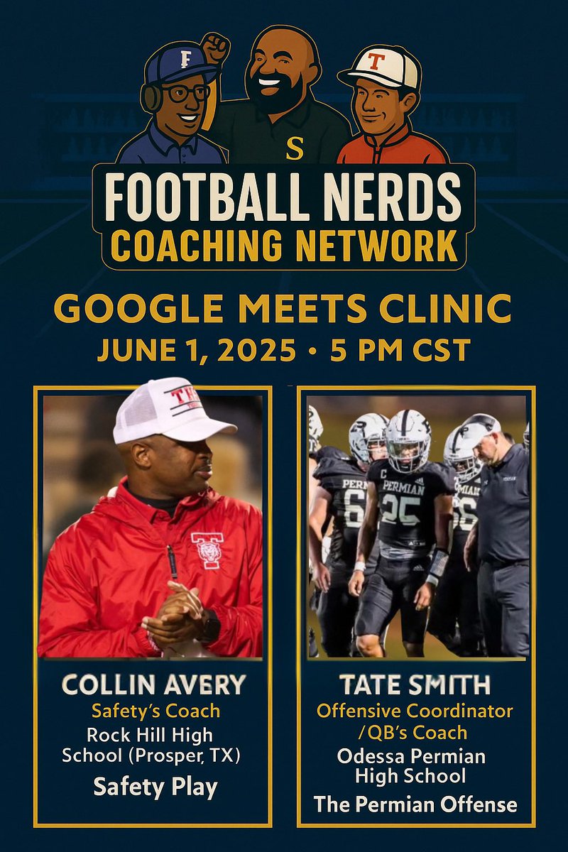 Football Nerds Google Meets Clinic: Safety Play/The Permian Offense + Q&amp;A: Culture, What is it and How do you develop it? Sunday, Jun 1 · 5–8 PM View details &amp; RSVP It’s 100% FREE!!! calendar.app.google/6fon2swsNSEmkS…