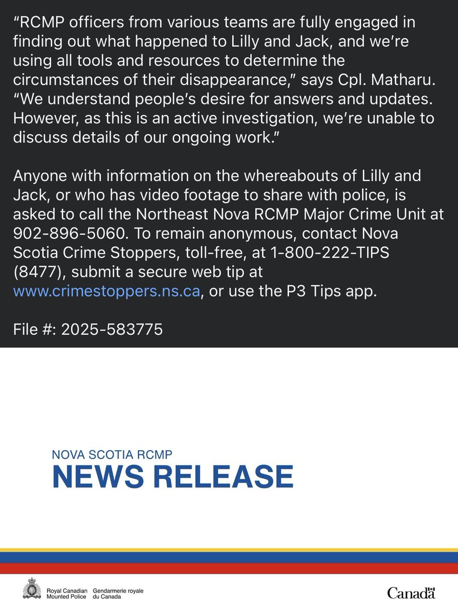 Update from the RCMP on the disappearance of Lilly and Jack Sullivan. They have confirmed that the children were  observed in public with family members on the afternoon of May 1st. ‘We’re now asking anyone who has dashcam footage or video along Gairloch Rd between 12pm on April