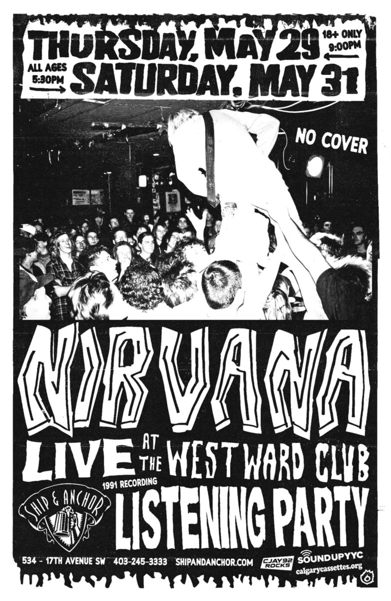 🚨 SECOND SHOW ADDED 🚨

Nirvana’s only ever Calgary performance, and the recently unearthed audio, this Thursday/Saturday at Ship &amp; Anchor Pub! 

No cover, donations accepted for Distress Centre Calgary. 

- <a href="/jessemodz/">Jesse Modz</a> &amp; <a href="/JDfromCJAY/">JD 🎙🎤</a>