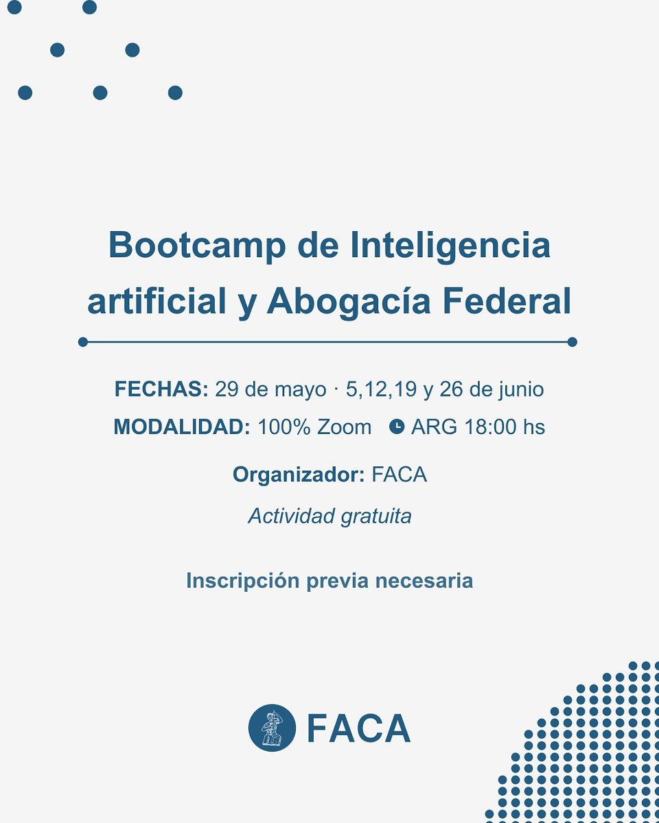 Mañana es el Bootcamp de IA + AF! de los 83 colegios y asociaciones de abogados de Argentina 
Te invitamos a participar de este ciclo de 4 encuentros donde exploraremos el impacto de la IA generativa en el ejercicio profesional del derecho argentino.
<a href="/PrensaFACA/">Prensa F.A.C.A. oficial</a>