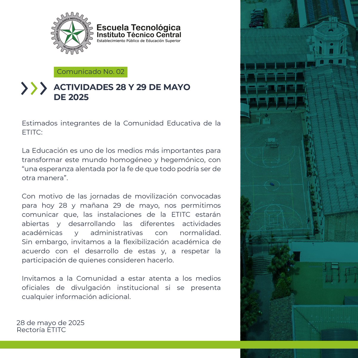 Escuela Tecnológica Instituto Técnico Central (@etitc) on Twitter photo Con motivo de las jornadas de movilización convocadas para hoy 28 y mañana 29 de mayo, informamos que nuestras instalaciones estarán abiertas y las actividades académicas y administrativas se desarrollarán con normalidad 📄 Ver comunicado completo 👉 bit.ly/3Srrq2C Con motivo de las jornadas de movilización convocadas para hoy 28 y mañana 29 de mayo, informamos que nuestras instalaciones estarán abiertas y las actividades académicas y administrativas se desarrollarán con normalidad 📄 Ver comunicado completo 👉 bit.ly/3Srrq2C