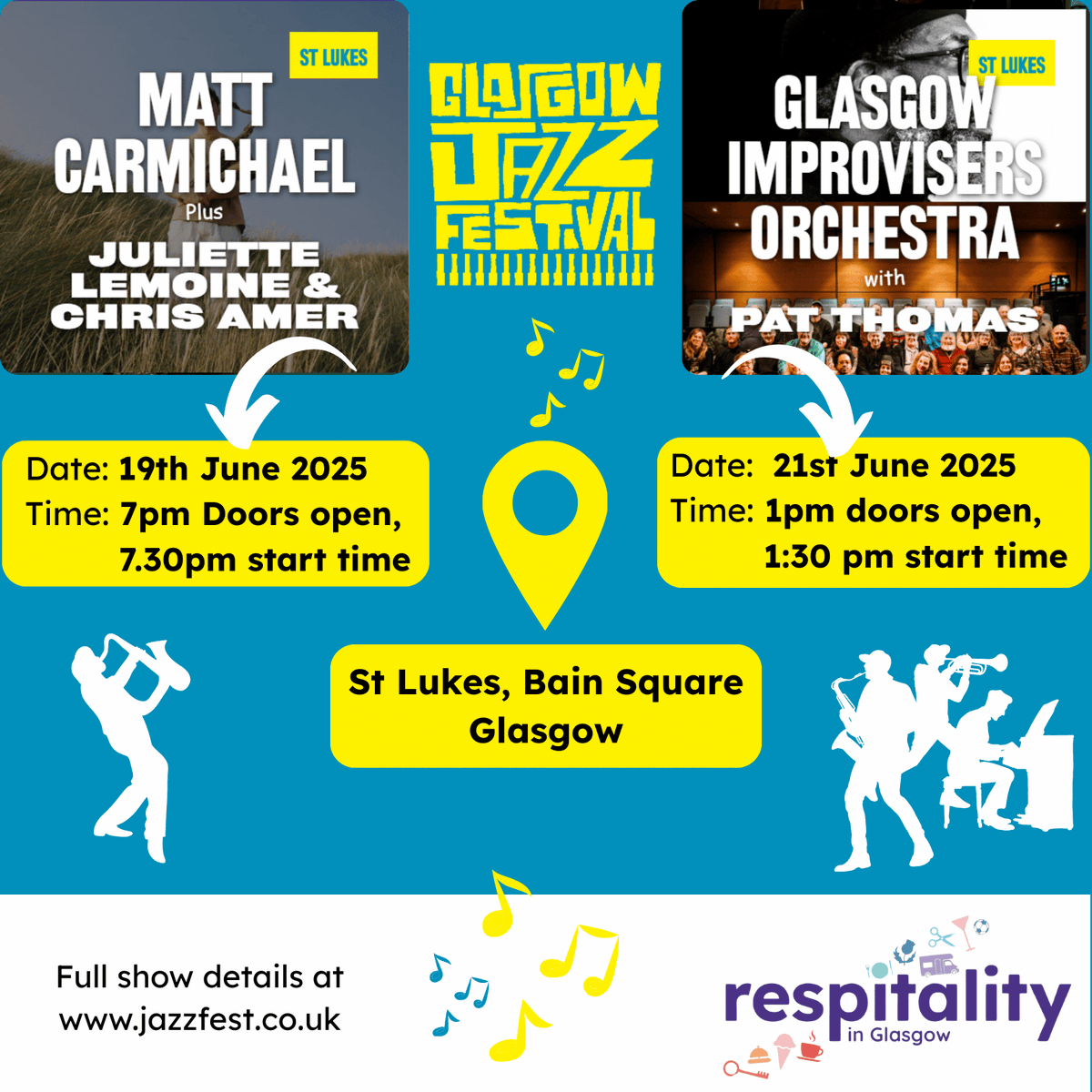 GLARespitality's tweet photo. 🎶Tickets available to jazz events for #UnpaidCarers in Glasgow!
 🎷Matt Carmichael’s Dancing with Embers
 🎹Glasgow Improvisers Orchestra + Pat Thomas celebrate Thelonious Monk

Details below👇Contact your carers service to enquire!

#GlasgowCarers @GlasgowJazzFest #ShortBreaks https://t.co/5Z7OxAD58Z