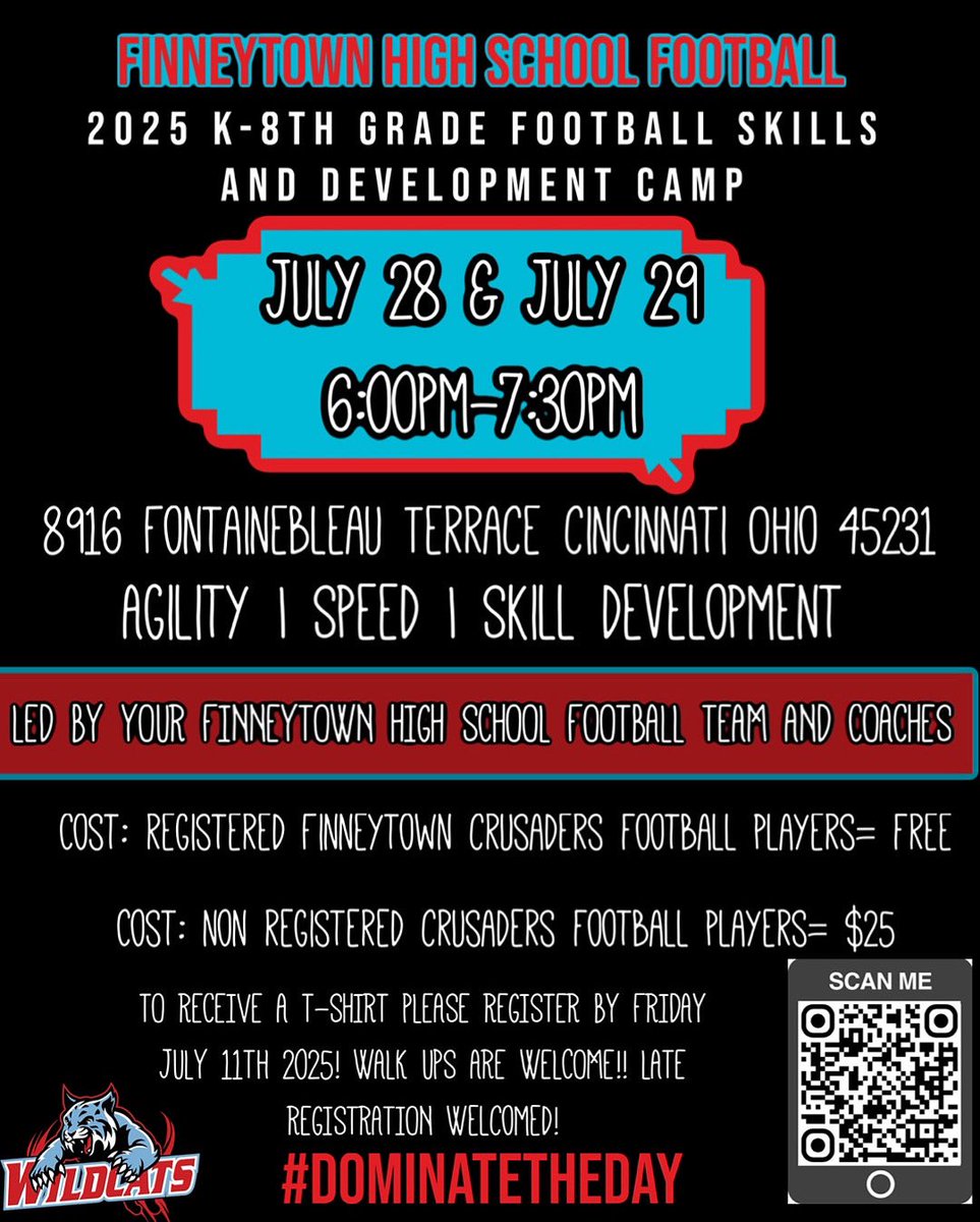 The Finneytown High School football program is hosting a youth football camp on Monday July 28th and Tuesday July 29th from 6:00pm-7:30pm. Get those kids out!! It will be a great time!!