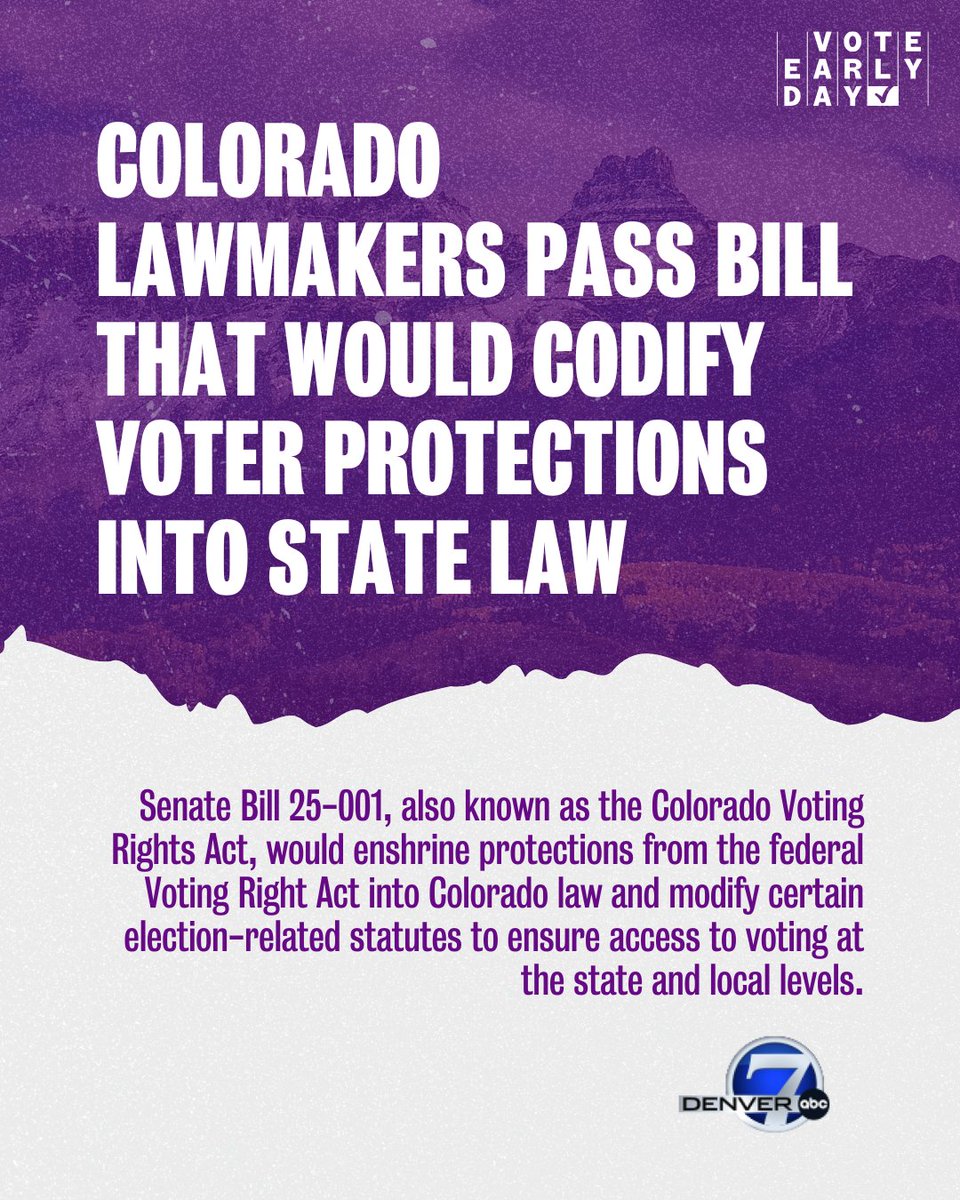 Vote Early Day (@voteearlyday) on Twitter photo 📣 Colorado just passed SB 25-001—codifying key voting protections into state law.
The Colorado Voting Rights Act expands access at every level. 🗳️
More from <a href="/DenverChannel/">Denver7 News</a>: denver7.com/news/politics/…
#Colorado #VoteReady #NewsUpdate #VotingRights #VoteEarlyDay #CO 📣 Colorado just passed SB 25-001—codifying key voting protections into state law.
The Colorado Voting Rights Act expands access at every level. 🗳️
More from <a href="/DenverChannel/">Denver7 News</a>: denver7.com/news/politics/…
#Colorado #VoteReady #NewsUpdate #VotingRights #VoteEarlyDay #CO
