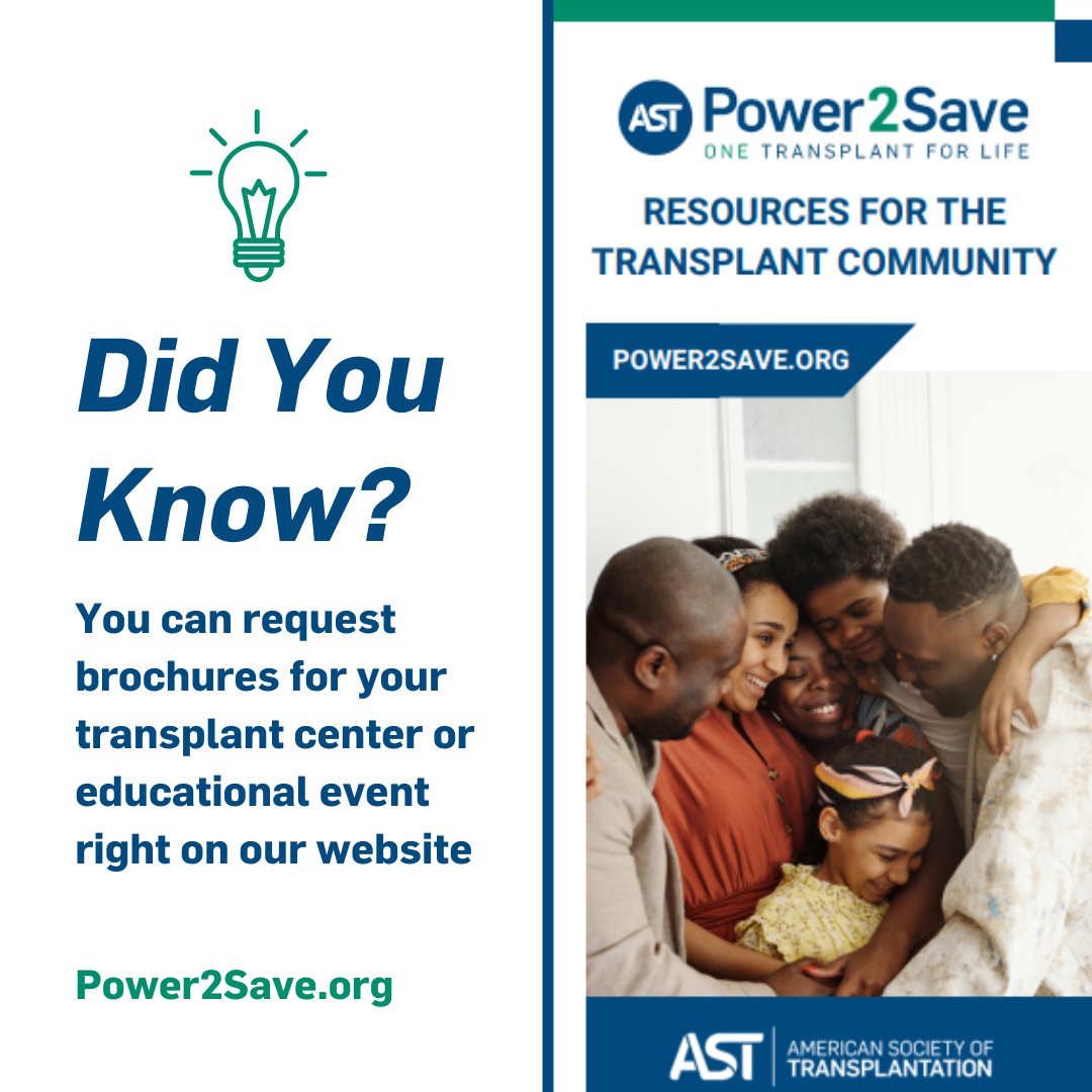 #DYK you can request brochures for your transplant center, clinic, or table display directly from our website.

💚 Caregiver Toolkit
💙 Stories from recipients &amp; living donors
💚 Living Donor leave policies
💙 Educational resources

myast.org/request-brochu…

#TransplantTwitter