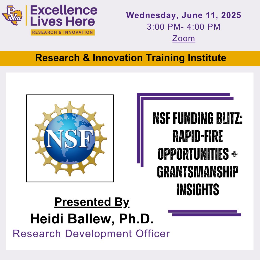 🚨 NSF Funding Blitz – June 11 @ 3 PM CT
Get rapid insights on REU, IUSE, IRES, NRT &amp; more in under an hour—plus tips to boost your proposals. Don’t miss it!

🔗 pvpanther.zoom.us/j/99149512762?…

#PVAMU #PVAMUResearch #R2 #NSF