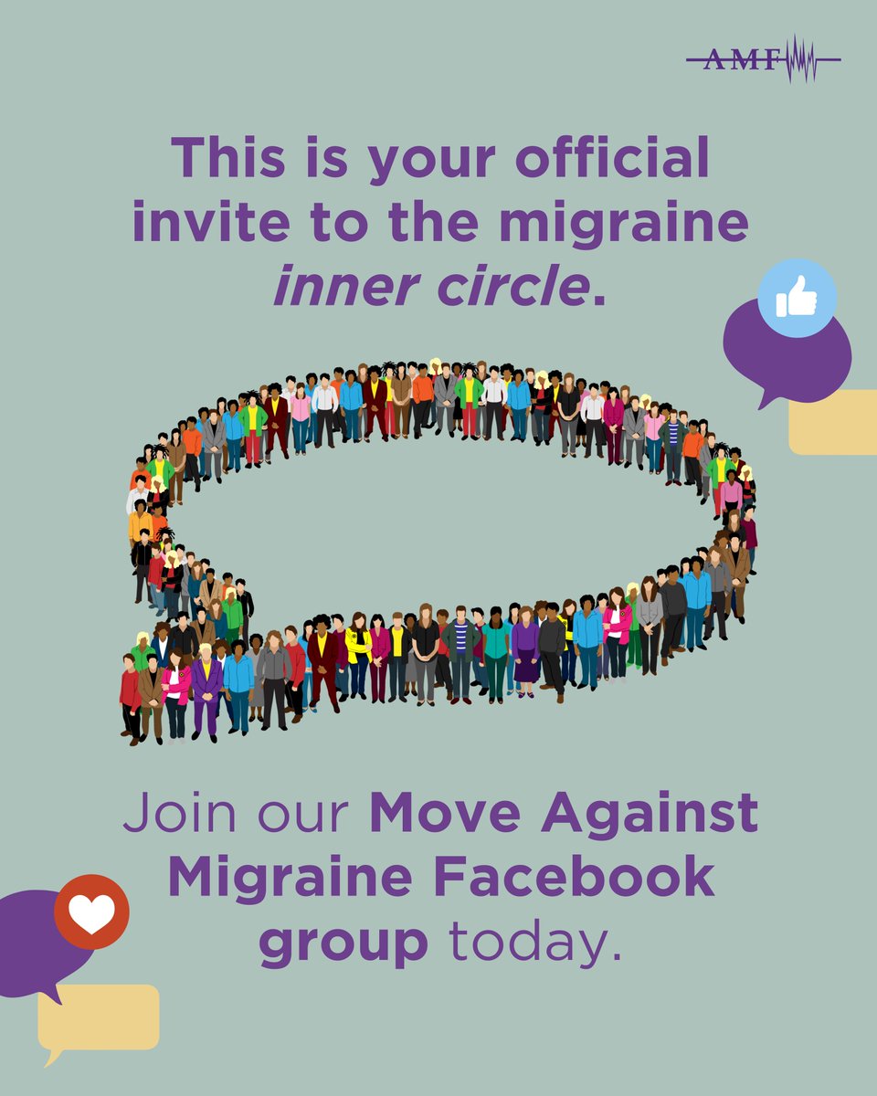 This is your official invite to the migraine inner circle. 💬

Join the Move Against Migraine Facebook group today:
facebook.com/groups/MoveAga…
.
.
.
#MoveAgainstMigraine #AmericanMigraineFoundation #amfmigraine #migraine #migrainerelief #migraineawareness #migrainesupport