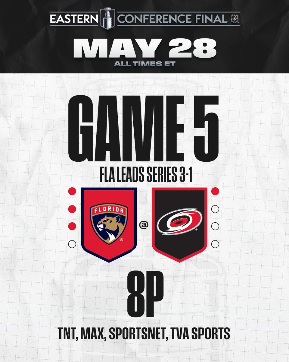 NHL (@nhl) on Twitter photo The #StanleyCup Final is one win away for the Cats. 😼
📺: <a href="/FlaPanthers/">x - Florida Panthers</a> vs. <a href="/Canes/">Carolina Hurricanes</a> Eastern Conference Final Game 5 TONIGHT at 8p ET on <a href="/NHL_On_TNT/">NHLonTNT</a>, <a href="/SportsonMax/">Sports on Max</a>, <a href="/Sportsnet/">Sportsnet</a>, and <a href="/TVASports/">TVA Sports</a> The #StanleyCup Final is one win away for the Cats. 😼
📺: <a href="/FlaPanthers/">x - Florida Panthers</a> vs. <a href="/Canes/">Carolina Hurricanes</a> Eastern Conference Final Game 5 TONIGHT at 8p ET on <a href="/NHL_On_TNT/">NHLonTNT</a>, <a href="/SportsonMax/">Sports on Max</a>, <a href="/Sportsnet/">Sportsnet</a>, and <a href="/TVASports/">TVA Sports</a>