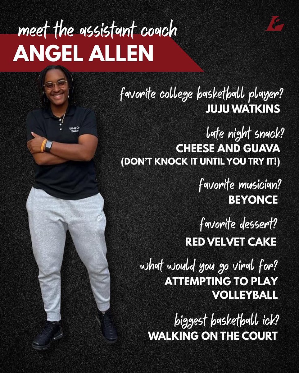 🦅 Meet Assistant Coach Angel Allen 🦅
Energetic, uplifting, and all about the details—Coach Allen brings heart and humor to UWL Women’s Basketball. She leads with authenticity, connection and purpose! 

#asaneagle