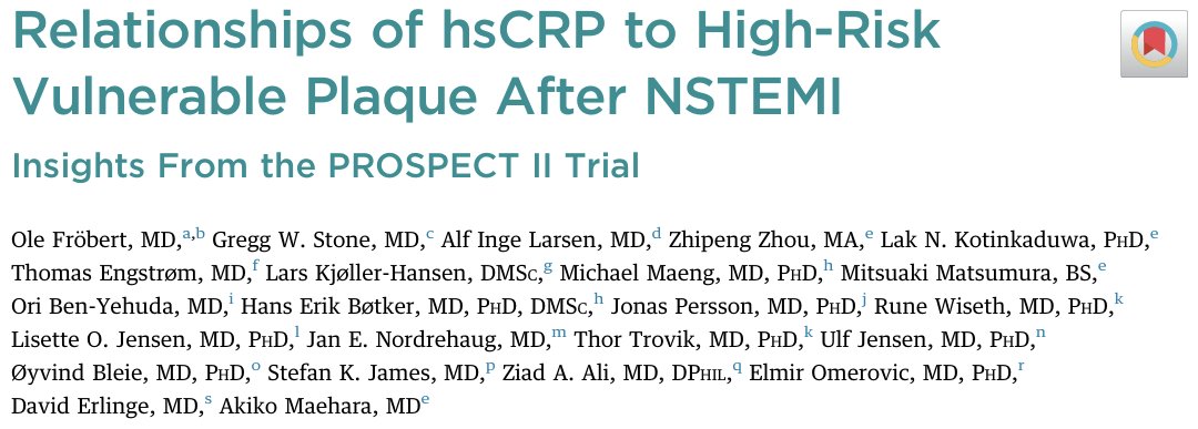 GreggWStone's tweet image. 2nd new PROSPECT II publ, this in JACC Int: hs-CRP (inflammation) was independently associated with both diffuse cor plaque and lipid deposition as well as focal vulnerable plaques. Coupled with the JACC article: LDL &amp;amp; CRP → diffuse plaque and lipid whereas Lp[a] &amp;amp; CRP → VP.