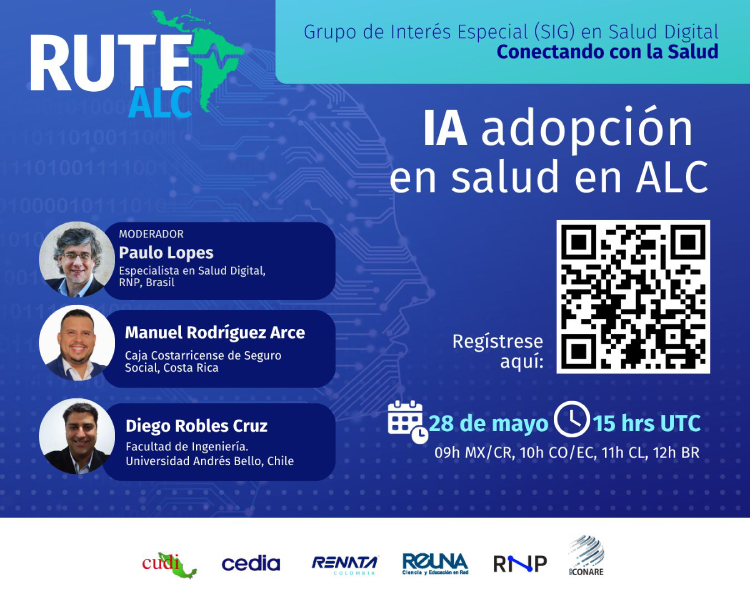 REUNA (@red_reuna) on Twitter photo Hoy desde las 11:00 hrs. de Chile, participa en la sesión de RUTE-ALC enfocada en el papel de la Inteligencia Artificial en la transformación digital del sector salud, en América Latina y el Caribe. 
Regístrate en rcc.rnp.br/RUTE-ALC/aovivo Hoy desde las 11:00 hrs. de Chile, participa en la sesión de RUTE-ALC enfocada en el papel de la Inteligencia Artificial en la transformación digital del sector salud, en América Latina y el Caribe. 
Regístrate en rcc.rnp.br/RUTE-ALC/aovivo