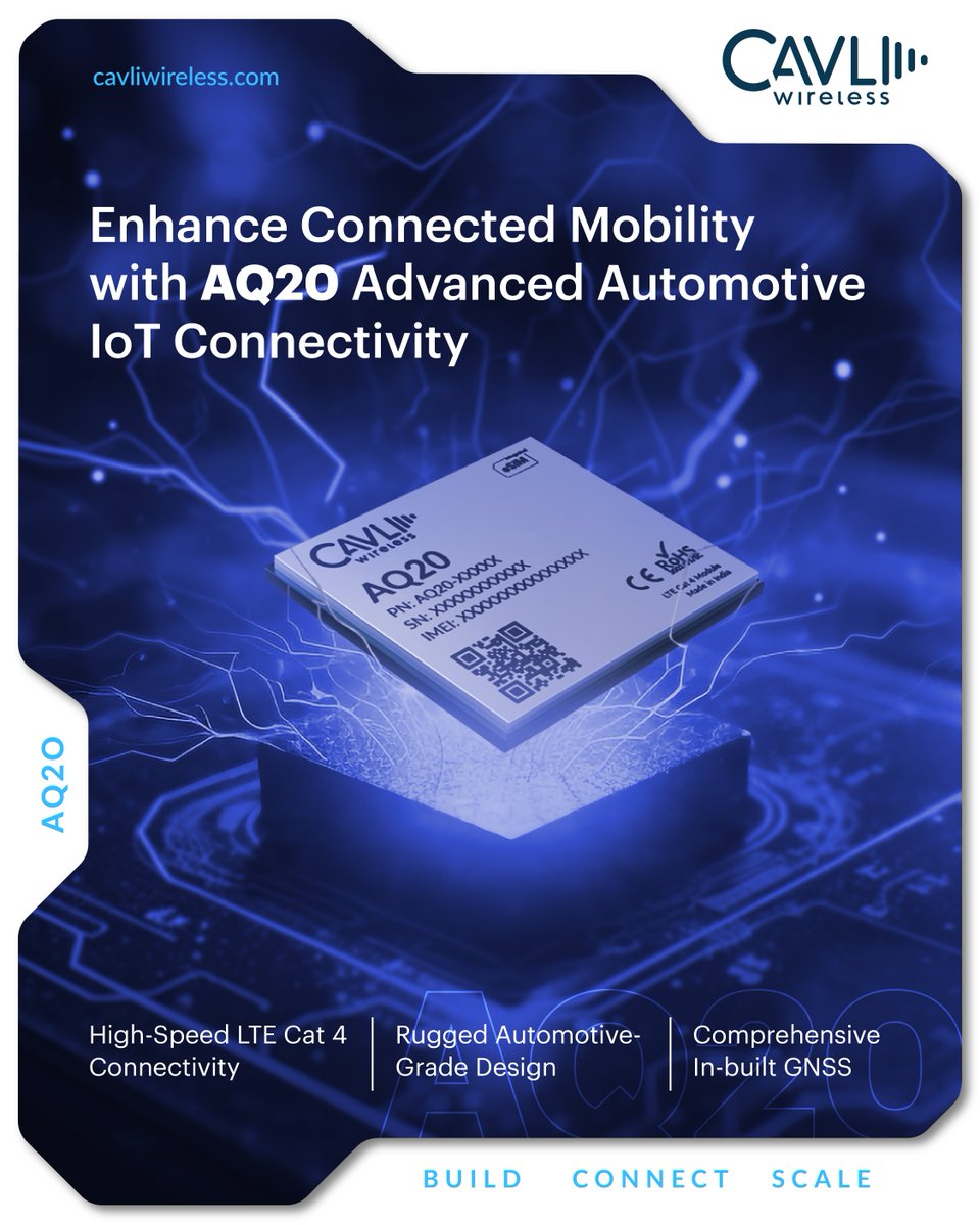 Drive smarter with AQ20, Cavli’s Automotive Grade LTE Cat 4 IoT module built for fleet, TCU &amp; OBD solutions. With GNSS, VoLTE &amp; 2G fallback, it's ideal for precise, reliable mobility.

👉 Explore AQ20: cavliwireless.com/iot-modules/a-…

#ConnectedVehicles #SmartMobility #Cavli