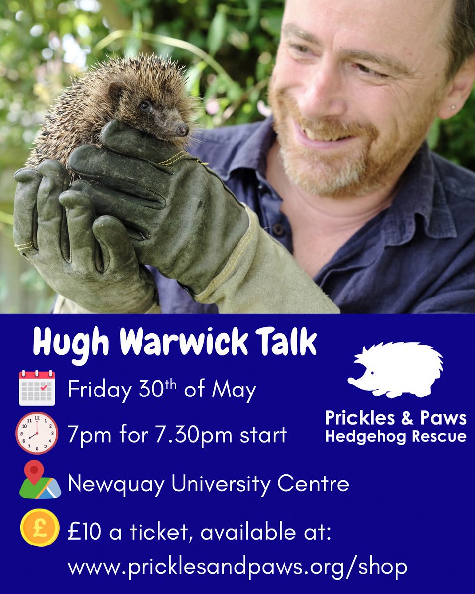 Prickles and Paws (@prickles_paws) on Twitter photo Just a couple of days left until <a href="/hedgehoghugh/">Hugh Warwick</a> is at Newquay University Centre giving a talk: ‘Why did the hedgehog cross the road?’
Hugh is a celebrated author and ecologist who will be talking all about hedgehogs.
Tickets available at: pricklesandpaws.org/shop Just a couple of days left until <a href="/hedgehoghugh/">Hugh Warwick</a> is at Newquay University Centre giving a talk: ‘Why did the hedgehog cross the road?’
Hugh is a celebrated author and ecologist who will be talking all about hedgehogs.
Tickets available at: pricklesandpaws.org/shop