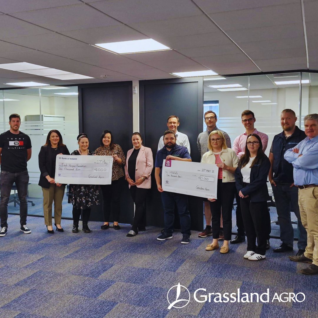 Some of the staff at our head office in Ballymount yesterday presenting cheques to Mairead Tully on behalf of the <a href="/IrishHospice/">Irish Hospice Foundation</a> and Maryanne Stokes on behalf of HUGG . We were thrilled to be able to raise €1000 for each of them during Wellbeing Week here at Grassland Agro 🙌