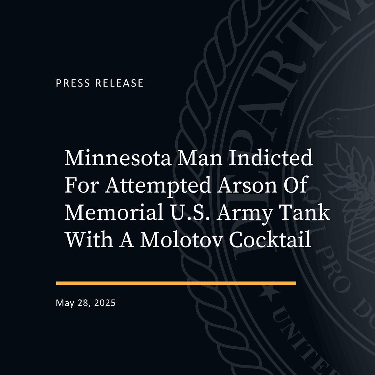 USAO Middle Florida (@usao_mdfl) on Twitter photo Minnesota man indicted for attempted arson of memorial U.S. Army tank with a Molotov cocktail. #PSNMDFL <a href="/ATF_Tampa/">ATF Tampa</a> <a href="/SarasotaPD/">Sarasota Police Department</a> <a href="/SarasotaSheriff/">SarasotaSheriff</a>
justice.gov/usao-mdfl/pr/m… Minnesota man indicted for attempted arson of memorial U.S. Army tank with a Molotov cocktail. #PSNMDFL <a href="/ATF_Tampa/">ATF Tampa</a> <a href="/SarasotaPD/">Sarasota Police Department</a> <a href="/SarasotaSheriff/">SarasotaSheriff</a>
justice.gov/usao-mdfl/pr/m…