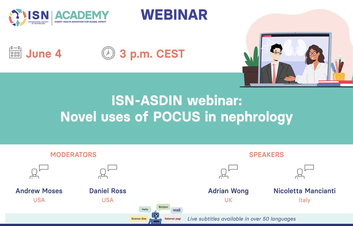 🚨 FREE WEBINAR ALERT! 🚨
Join ISN &amp; ASDIN on June 4 at 3 PM CEST for a can’t-miss webinar on novel uses of POCUS in nephrology 🩺🌍

Click here to learn more: asdin.org/news/702109/Re…

#POCUS #Nephrology #Webinar #ASDIN #ISN #GlobalHealth #KidneyCare #MedicalEducation