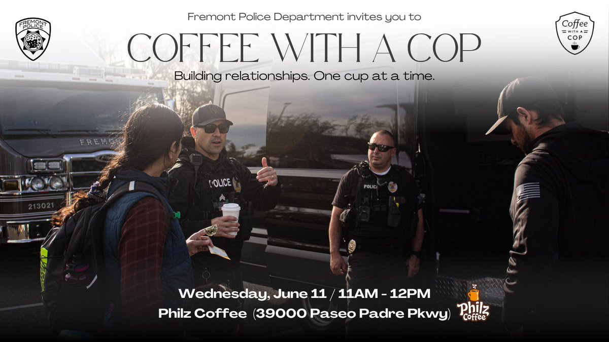 We are excited to announce the location of our next Coffee with a Cop event: Philz Coffee!

Our officers and command staff will be available to chat and answer questions about neighborhood concerns and public safety. If you’ve never been to a Coffee with a Cop event before, this