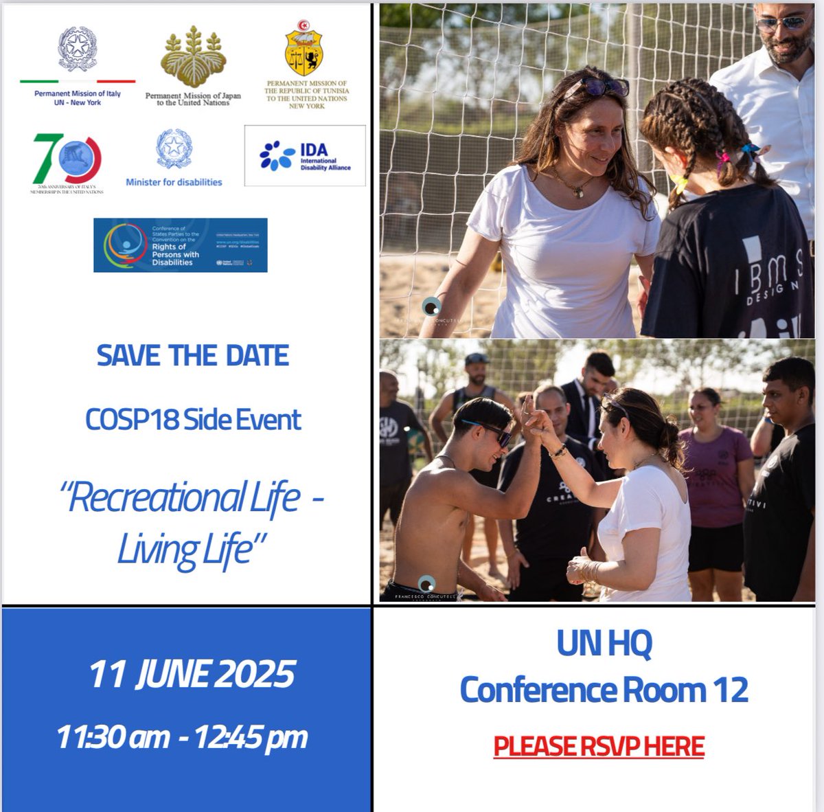 Italy UN New York (@italyun_ny) on Twitter photo 🗓️Save the date!
11 June, 11:30 – 12:45,
CR 12, 🇺🇳UNHQ
Join us at the #COSP18 side event "Recreational Life - Living Life" co-organized by Italy 🇮🇹 🇯🇵🇹🇳 & <a href="/IDA_CRPD_Forum/">International Disability Alliance (IDA)</a> to spotlight innovative experiences from different Italian realities that point to new and unexpected 🗓️Save the date!
11 June, 11:30 – 12:45,
CR 12, 🇺🇳UNHQ
Join us at the #COSP18 side event "Recreational Life - Living Life" co-organized by Italy 🇮🇹 🇯🇵🇹🇳 & <a href="/IDA_CRPD_Forum/">International Disability Alliance (IDA)</a> to spotlight innovative experiences from different Italian realities that point to new and unexpected