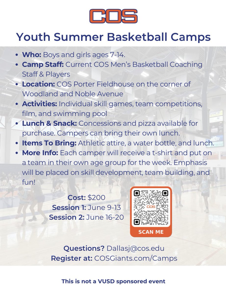 College of the Sequoias MBB (@cosmbb) on Twitter photo Summer Camps are here! Register below.
cos.prestosports.com/camps/camps-li…
<a href="/COSGiant/">CollegeoftheSequoias</a>
<a href="/COSAthletics/">COS Athletics</a> Summer Camps are here! Register below.
cos.prestosports.com/camps/camps-li…
<a href="/COSGiant/">CollegeoftheSequoias</a>
<a href="/COSAthletics/">COS Athletics</a>