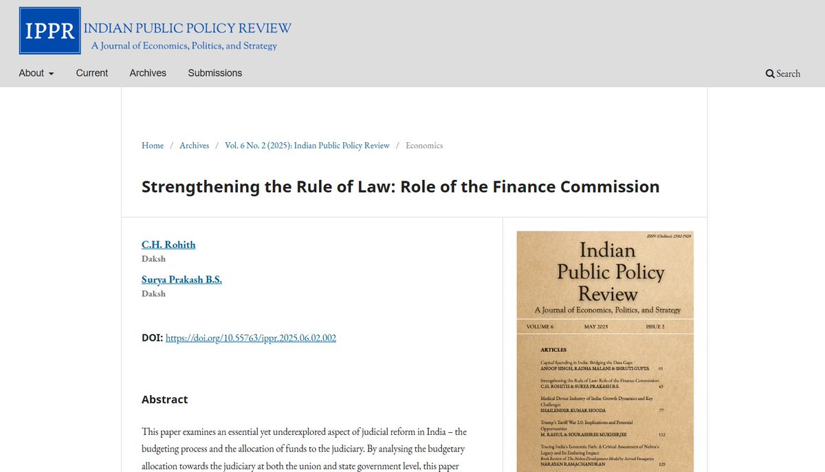 Daksh (@daksh_india) on Twitter photo We're proud to share that a paper authored by our researchers, <a href="/SuryaPrakashBS/">Surya Prakash B S</a> and <a href="/RohithHouse/">Rohith C.H.</a>, was published in the Indian Public Policy Review <a href="/IPPRJournal/">Indian Public Policy Review</a>. The paper examines the budgeting process and budgetary allocations to the judiciary in India, written in the context of We're proud to share that a paper authored by our researchers, <a href="/SuryaPrakashBS/">Surya Prakash B S</a> and <a href="/RohithHouse/">Rohith C.H.</a>, was published in the Indian Public Policy Review <a href="/IPPRJournal/">Indian Public Policy Review</a>. The paper examines the budgeting process and budgetary allocations to the judiciary in India, written in the context of