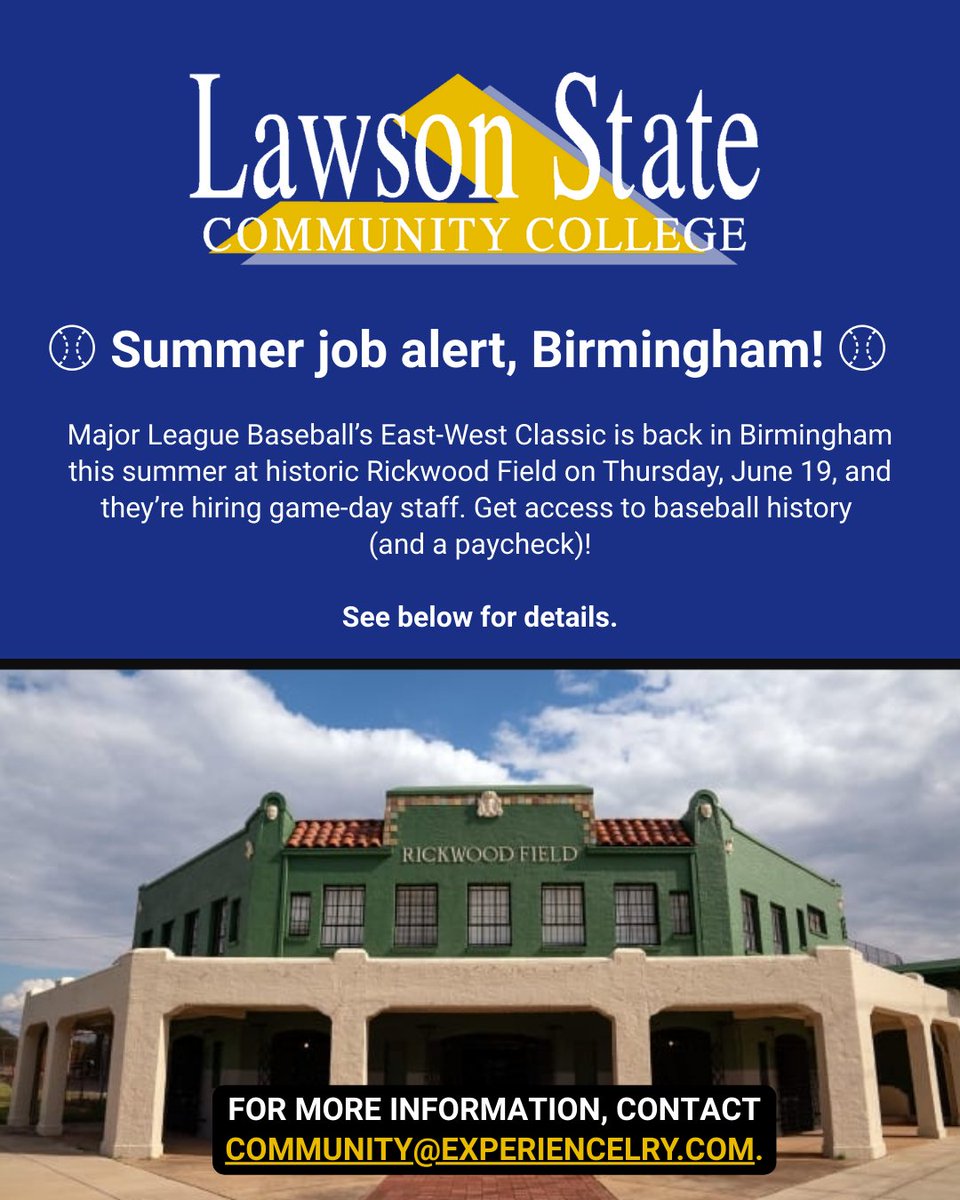 Lawson State CC (@lawsonstatecc) on Twitter photo Major League Baseball returns to Rickwood Field Thursday, June 19, and Lawson State is excited to share an opportunity with you! MLB is hiring individuals to support game day roles. Be part of the action.
Apply Here: app.smartsheet.com/sheets/fcVFqhR…
Questions? community@experiencelry.com Major League Baseball returns to Rickwood Field Thursday, June 19, and Lawson State is excited to share an opportunity with you! MLB is hiring individuals to support game day roles. Be part of the action.
Apply Here: app.smartsheet.com/sheets/fcVFqhR…
Questions? community@experiencelry.com