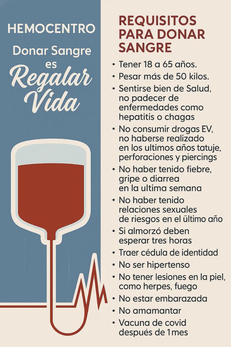 SE NECESITA DONANTES DE SANGRE (de cualquier tipo) PARA JUAN GABRIEL AGÜERO.

Mi hermano está en recuperación post transplante y necesita transfusión de sangre.

Donantes interesados pueden acudir al Hemocentro del Hospital de Clínicas de lunes a viernes de 06:15 a 17:00 horas.