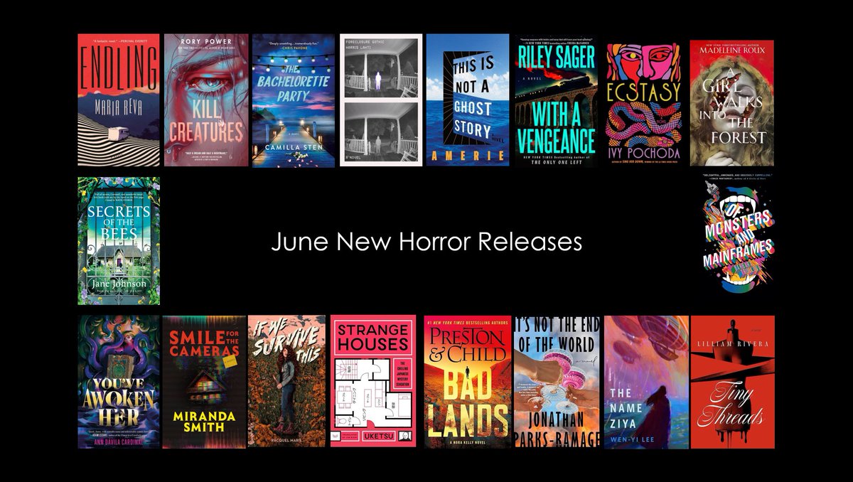 June horror new releases.

Endling – Maria Reva <a href="/MariaReva/">reva</a>
Kill Creatures – Rory Power 
Strang Houses – Uketsu 
The Bachelorette Party – Camilla Sten 
Foreclosure Gothic – Harris Lahti <a href="/HarrisLahti/">Harris Lahti</a>
A Girl Walks in the Forest – Madeline Roux <a href="/madelineroux/">maddie</a>
This is Not A Ghost Story