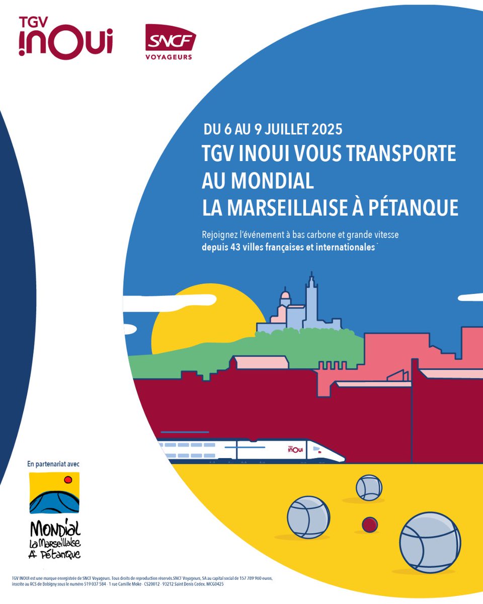 🚄 TGV INOUI vise juste : direction le Mondial la Marseillaise à Pétanque du 6 au 9 juillet !
⚫⚪ 43 villes connectées pour venir pointer ou tirer à Marseille… sans rater le coche (ni le cochonnet).
#TGVINOUI #Pétanque #MondialLaMarseillaise
