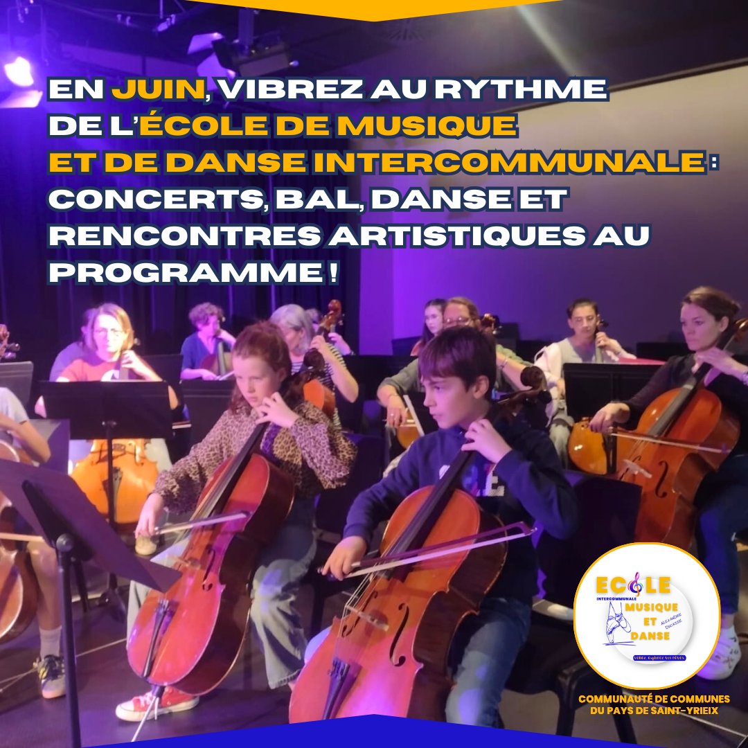 🎶✨ Juin sera musical et festif à Saint-Yrieix et ses environs !
🎻 Stages, bals, concerts, galas de danse, marchés nocturnes…
📅 Du 7 au 29 juin, l’EIMD vous donne rendez-vous pour vibrer au rythme des talents locaux 🎤🩰

🔗 communaute-saint-yrieix.fr/2025/05/27/fai…