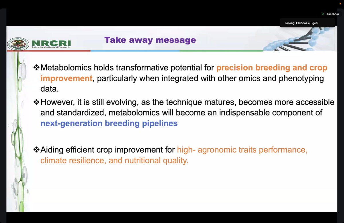 The Potential of #Metabolomics in Precision Crops Improvement by Dr Jeremiah Nwogha

He defined metabolomics as the analytical methods to identify, characterize &amp; determine the functions of metabolites in metabolome &amp; molecular processes regulatory connectivity in system biology