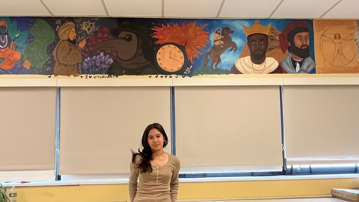 brewsterschools's tweet photo. 🌎History mural painted by BHS sophomore Samantha Gil Sanchez. “I was inspired by Ms. O’Sullivan in 9th grade Global History. Each of the panels represents a different period in history. I picked an image that I thought stands for each period.” Read more: https://t.co/wg6lKRqkUH https://t.co/1qjcrQfGTW