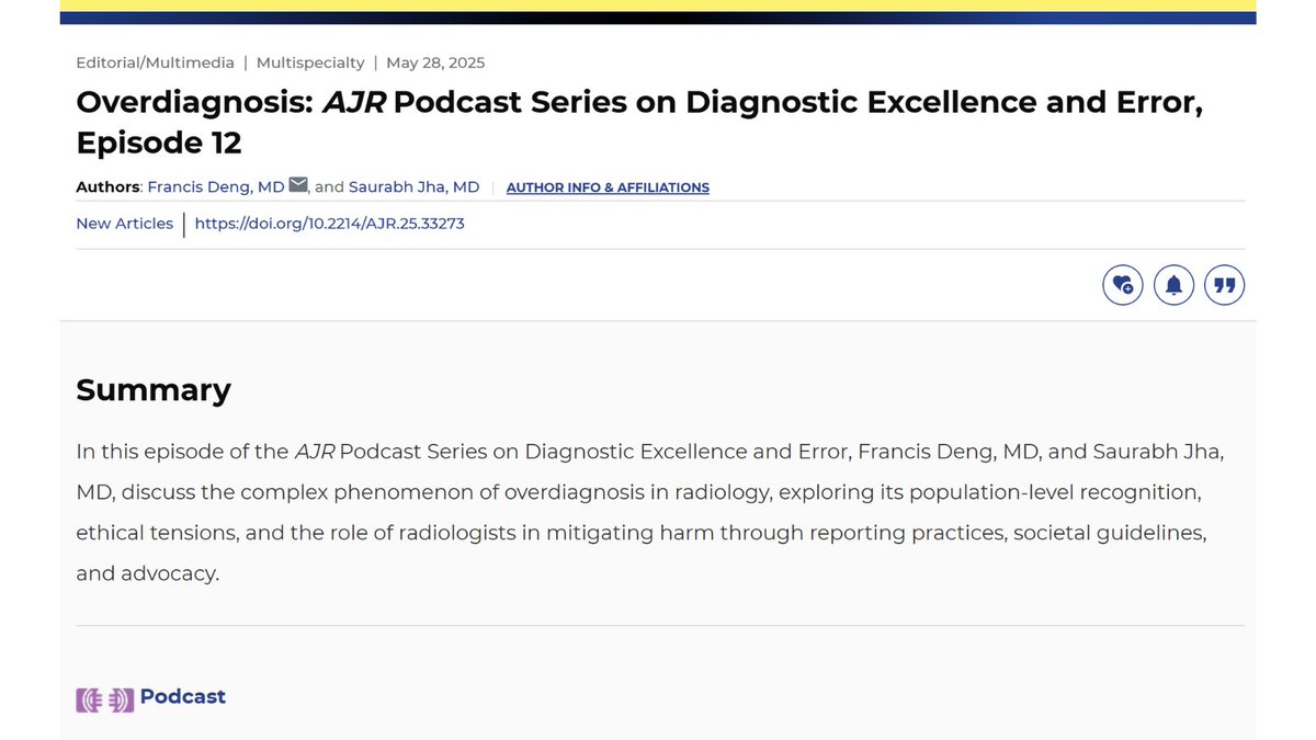 Andrew Rosenkrantz (@arosenkrantzmd) on Twitter photo New <a href="/AJR_Radiology/">AJR</a>:
"Overdiagnosis: AJR Podcast Series on Diagnostic Excellence and Error, Episode 12"
By Drs <a href="/francisdeng/">Francis Deng, MD</a> & <a href="/RogueRad/">Saurabh Jha</a> <a href="/Hopkins_Rad/">Johns Hopkins Radiology</a> <a href="/PennRadiology/">Penn Radiology</a>
ajronline.org/doi/10.2214/AJ… New <a href="/AJR_Radiology/">AJR</a>:
"Overdiagnosis: AJR Podcast Series on Diagnostic Excellence and Error, Episode 12"
By Drs <a href="/francisdeng/">Francis Deng, MD</a> & <a href="/RogueRad/">Saurabh Jha</a> <a href="/Hopkins_Rad/">Johns Hopkins Radiology</a> <a href="/PennRadiology/">Penn Radiology</a>
ajronline.org/doi/10.2214/AJ…