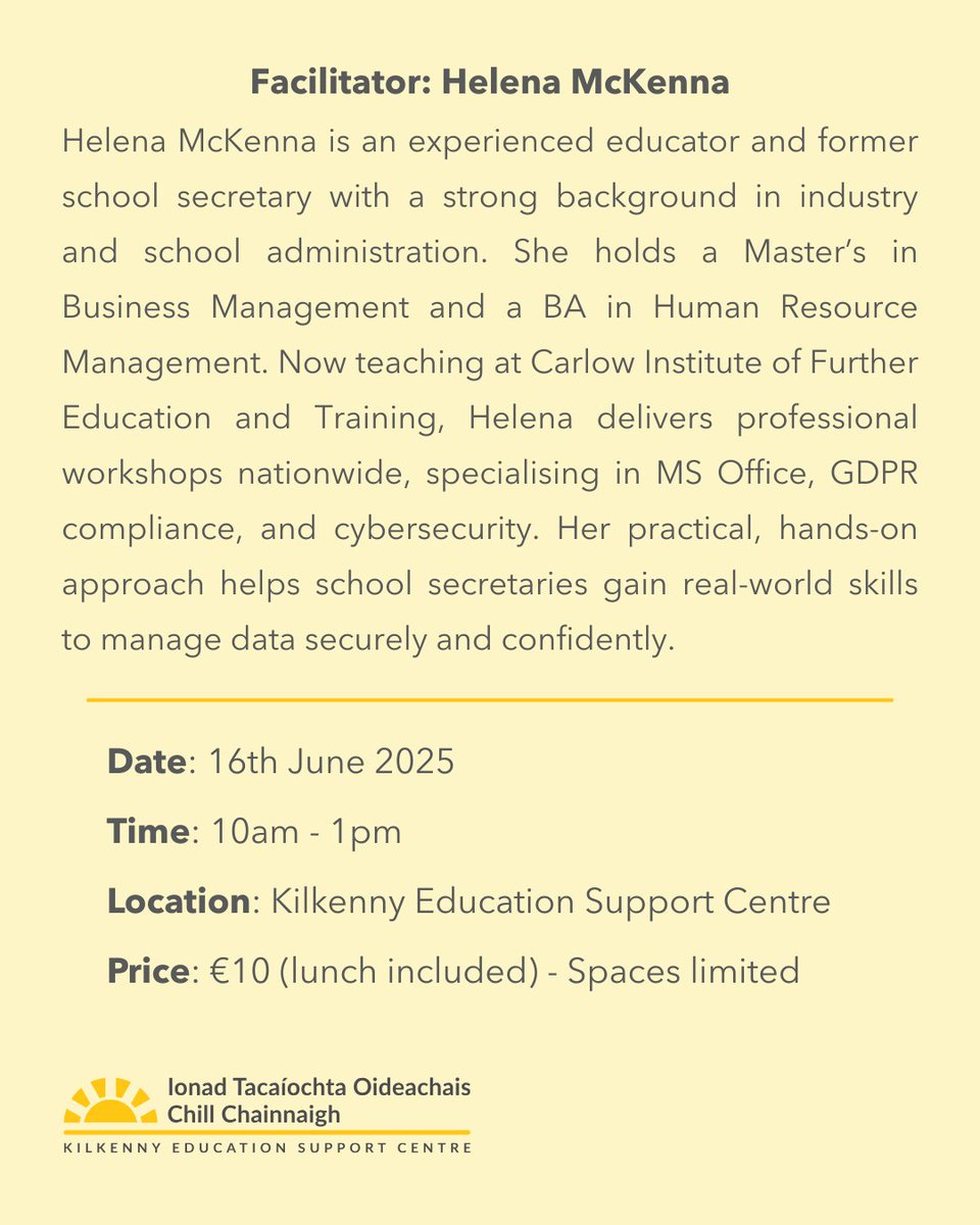 GDPR &amp; Cybersecurity Awareness for School Secretaries Workshop

📅 Date: 16th June 2025
🕒 Time: 10:00am – 1:00pm
🌐 Register now via the Kilkenny Education Support Centre website

eckilkenny.ie/coursebooking-…