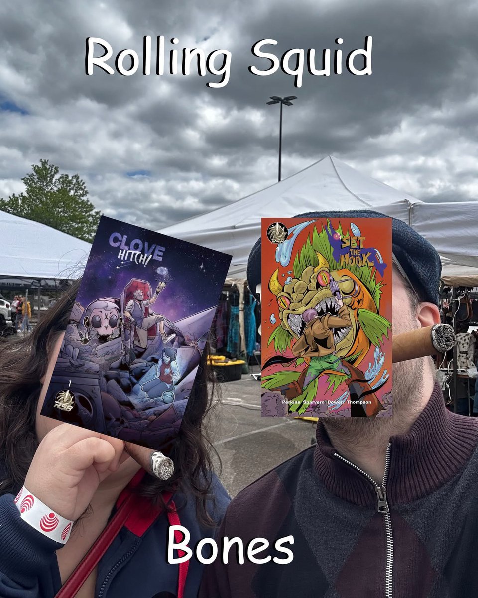 RollingSquidCom's tweet image. Just two comics at a festival on a cloudy day smoking some cigars! 

Get Set the Hook &amp;amp; Clove Hitch on Drivethrucomics! 

drivethrucomics.com/en/publisher/3…