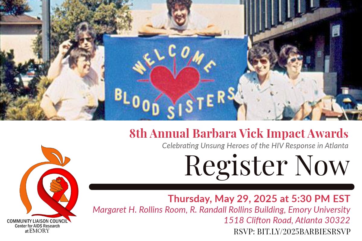 Emory CFAR (@emorycfar) on Twitter photo 🚨Final call for the 8th Annual Barbara Vick Impact Awards! Join us TOMORROW (5/29) at 5:30PM at <a href="/EmoryRollins/">Emory Public Health</a> for a reception & ceremony to celebrate 23 #HIV advocates, service & care providers & researchers in Atlanta. Barbara Vick will be there!
RSVP: bit.ly/2025BarbiesRSVP 🚨Final call for the 8th Annual Barbara Vick Impact Awards! Join us TOMORROW (5/29) at 5:30PM at <a href="/EmoryRollins/">Emory Public Health</a> for a reception & ceremony to celebrate 23 #HIV advocates, service & care providers & researchers in Atlanta. Barbara Vick will be there!
RSVP: bit.ly/2025BarbiesRSVP