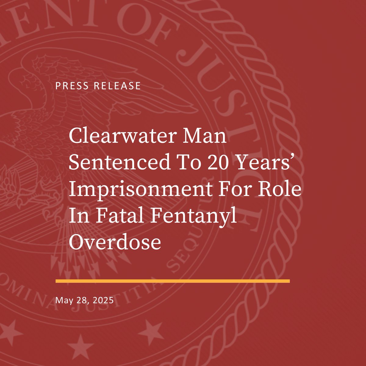 Clearwater man sentenced to 20 years for role in fatal fentanyl overdose. <a href="/DEAMIAMIDiv/">DEAMiami</a> <a href="/myclearwaterPD/">Clearwater Police Department</a> 
justice.gov/usao-mdfl/pr/c…