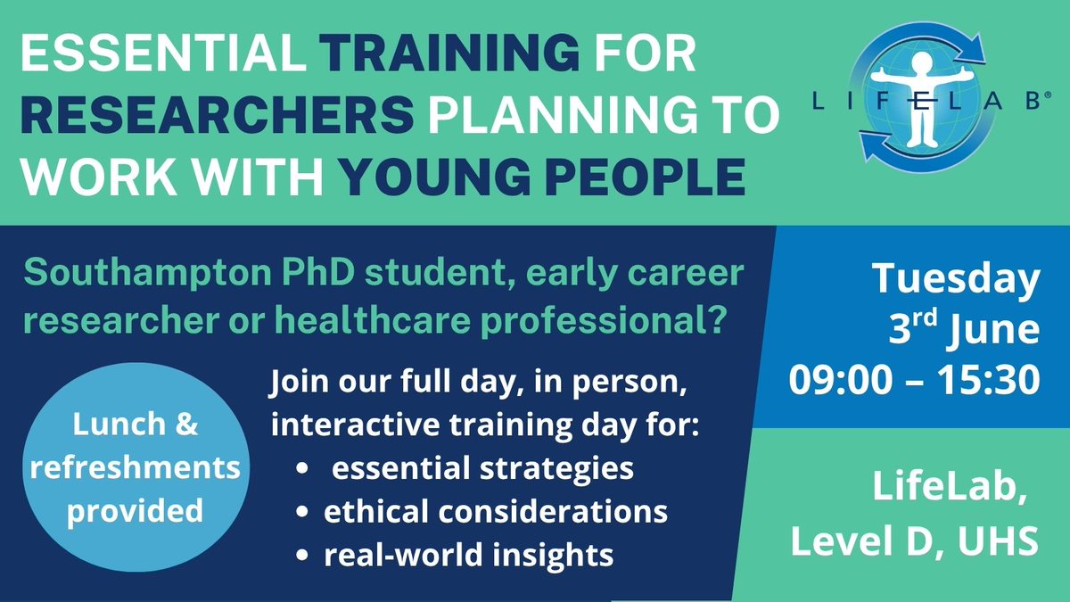 LifeLab (@lifelabsoton) on Twitter photo Last chance to register! ⌛️
Are you a researcher at <a href="/UoS_Medicine/">Southampton Medicine</a> planning to work with young people?
Join our training day:
🗓️ Tuesday 3rd June
🕘 09:00 – 15:30
🏥 LifeLab, Level D, Lab & Path Block, <a href="/UHSFT/">University Hospital Southampton 💙</a>
Staff: bit.ly/researcher-cpd…
Students: bit.ly/researcher-cpd… Last chance to register! ⌛️
Are you a researcher at <a href="/UoS_Medicine/">Southampton Medicine</a> planning to work with young people?
Join our training day:
🗓️ Tuesday 3rd June
🕘 09:00 – 15:30
🏥 LifeLab, Level D, Lab & Path Block, <a href="/UHSFT/">University Hospital Southampton 💙</a>
Staff: bit.ly/researcher-cpd…
Students: bit.ly/researcher-cpd…