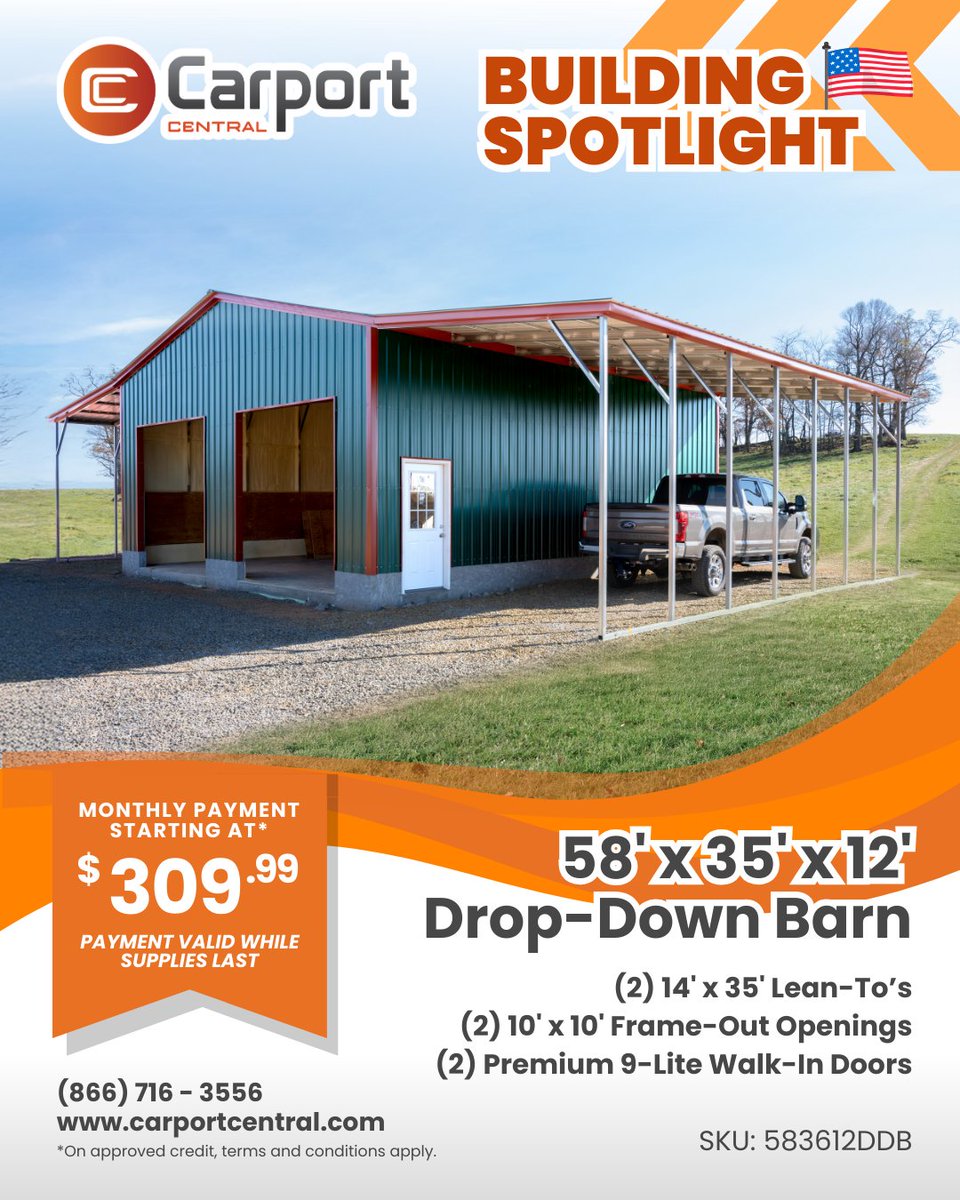 Looking for the perfect mix of enclosed security and open-side convenience? This drop-down barn has you covered. When premium walk-in doors, wide frame-out openings, and two lean-to’s, it’s ideal for storing vehicles, equipment, tools, or even setting up a spacious workspace.