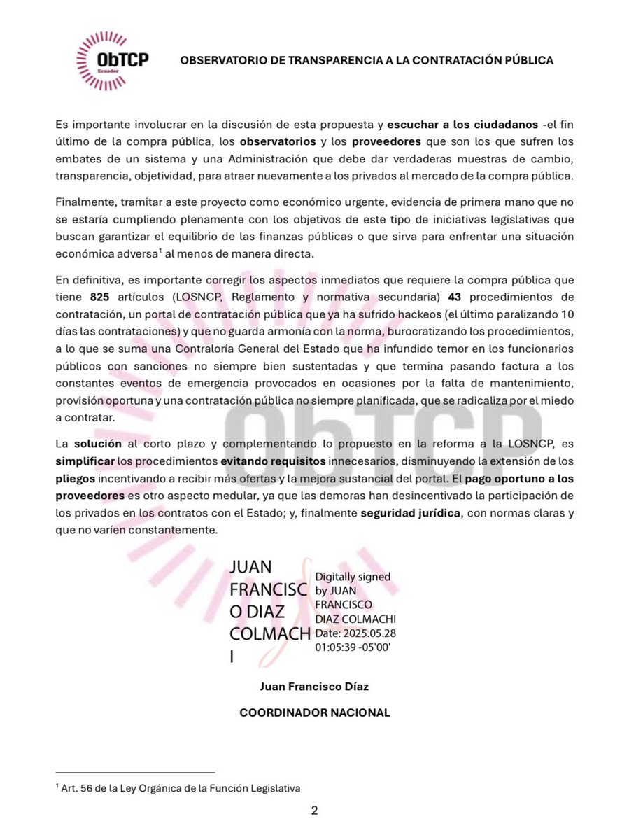 Un aporte más del #ObTCP opinión respecto a la Ley de Innovación y Fortalecimiento de la Gestión Pública que propone reformar la LOSNCP