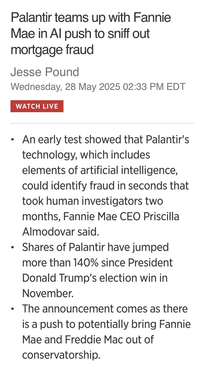 a_venuto's tweet photo. 🇨🇦 Canada needs Palantir’s AI to combat mortgage fraud! 🚨 Palantir’s tech, partnered with Fannie Mae, catches fraud in seconds vs. months for humans. With shares up 140%+ post-Trump win, it’s time to leverage this to protect our housing market. 🏠 #AI #MortgageFraud #Canada https://t.co/wouOZLwtvu