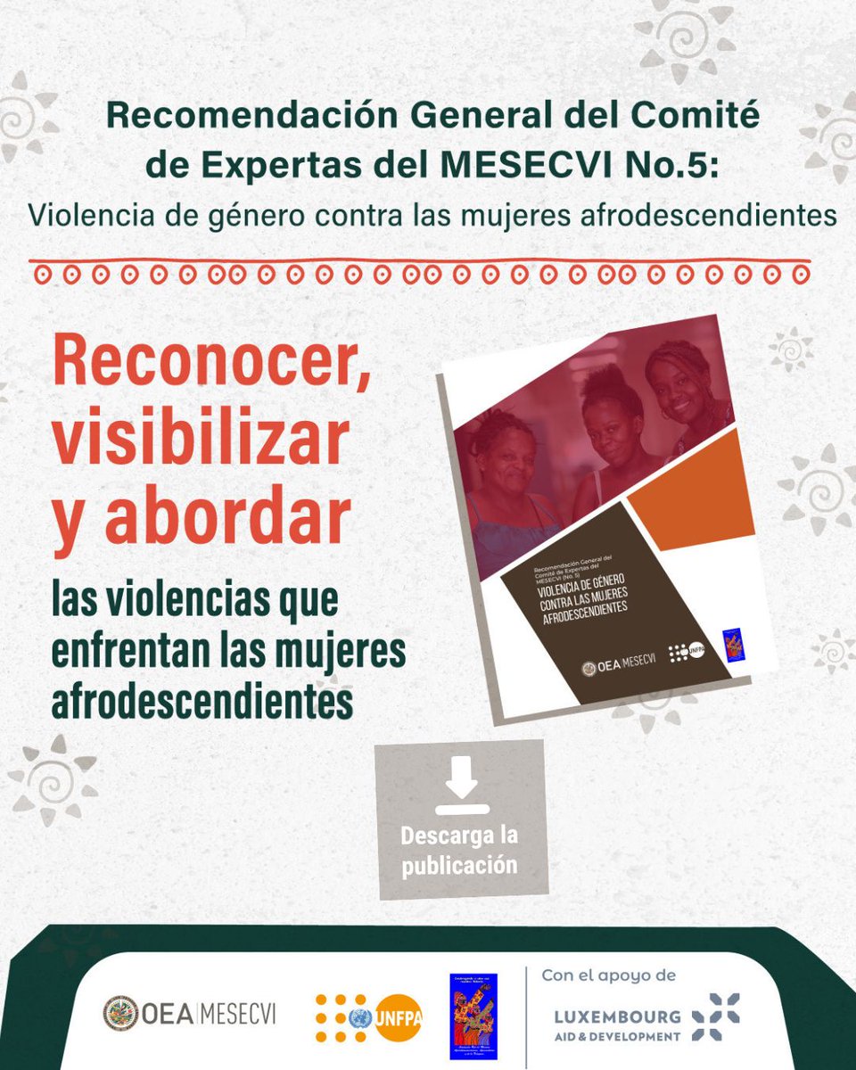 🤚🏿Las mujeres afrodescendientes enfrentan violencias agravadas por el cruce de la racialización y el género.

🟣Para abordarlas de manera efectiva, <a href="/MESECVI/">MESECVI-OEA CEVI</a>, <a href="/unfpa_lac/">Fondo de Población de las Naciones Unidas</a>
 y <a href="/CumbreAfro/">Red de Mujeres Afro</a> presentan la Recomendación General Nº5:  ➡️belemdopara.org/recomendacion-…