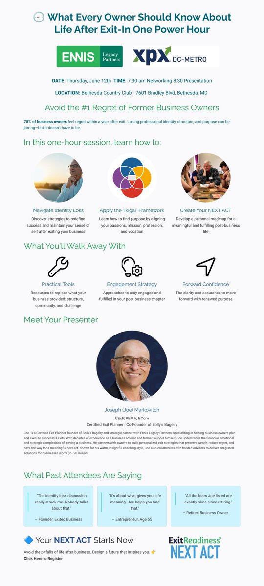 exitreadiness's tweet image. Do you have a plan for life after the business? This Exit Readiness Next Act session could be what you need!

Sign Up Here: exitplanningexchange.com/event/6198826/