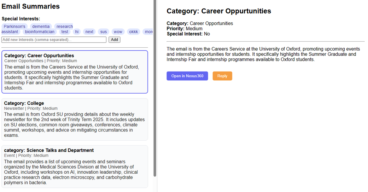 My friend spends hours on university admin every morning - I figured I could use Ai to help her save time:

- summary cards + summary page
- categorising emails
- looking out for 'special interests' (the clip)

I have been using <a href="/perplexity_ai/">Perplexity</a>  to 'vibe code' and learn coding.