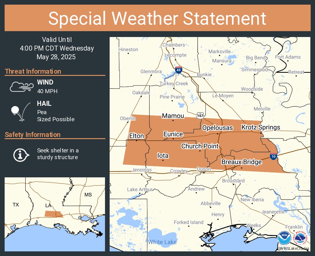 A special weather statement has been issued for Opelousas LA, Eunice LA and  Breaux Bridge LA until 4:00 PM CDT