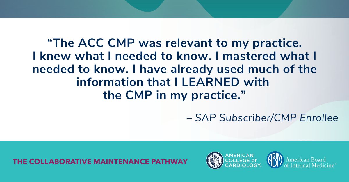 ACCinTouch's tweet photo. "The ACC CMP was relevant to my practice... I’ve already used much of the information." 👇
Are you preparing for an MOC assessment? Explore the benefits of #ACCCMP and enhance your expertise.
Learn more: https://t.co/P4yntdIzcj https://t.co/I2tLIqHQm0
