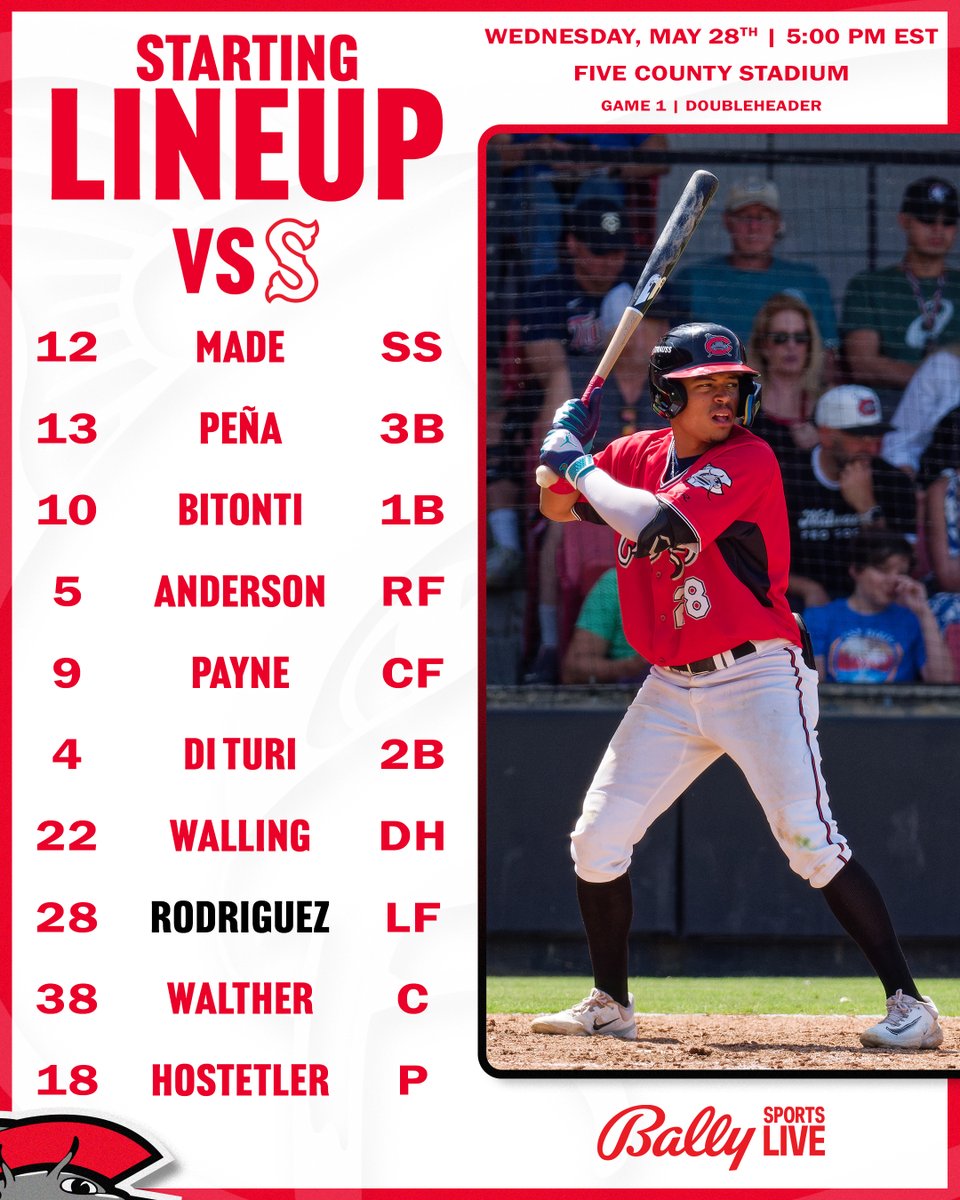 Game 1⃣ starting lineup just dropped 🫳

⚾️: Red Sox🆚Mudcats
📍: Five County Stadium
⏰: 5:00 PM EST (Game 1)
📺: Bally Live App or milb.tv
📻: carolinamudcats.com/media